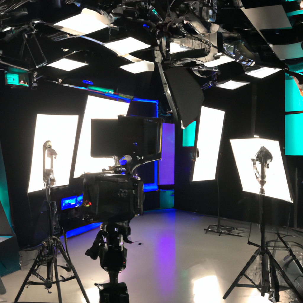 Minimalist broadcast news studio with 4K cameras, softbox lights and fiber internet